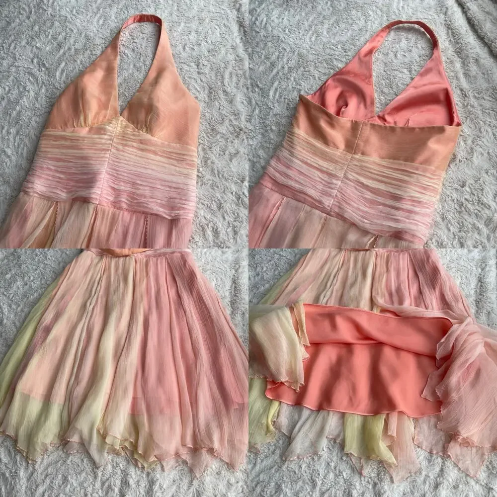 Laundry by Shelli Segal silk beaded halter‎ dress prom cocktail pastel peach 6 - Picture 11 of 15